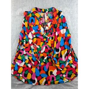 Dear Scarlett Women's Size Ml Abstract Print Collared V Neck Roll Tab Sleeve Top